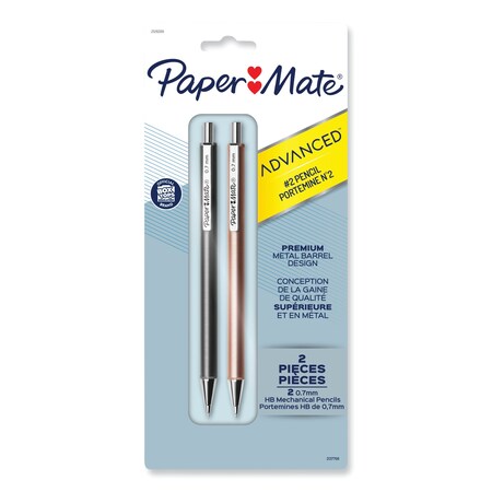 Paper Mate Advanced Mechanical Pencils, 0.7 mm, HB (#2), Black Lead, Gun Metal Gray; Rose Gold Barrel, PK2 PK 2128209